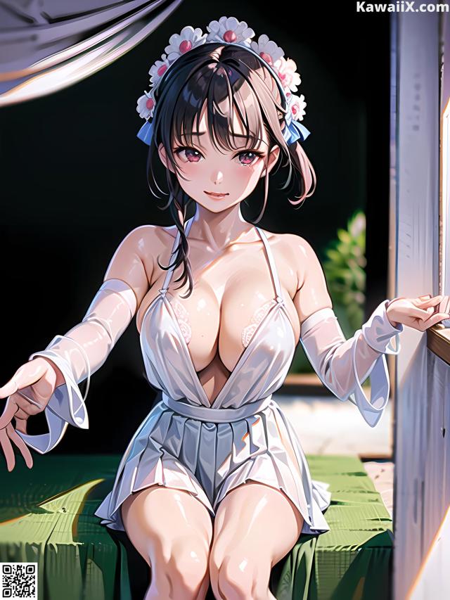 A woman in a white dress sitting on a bed.