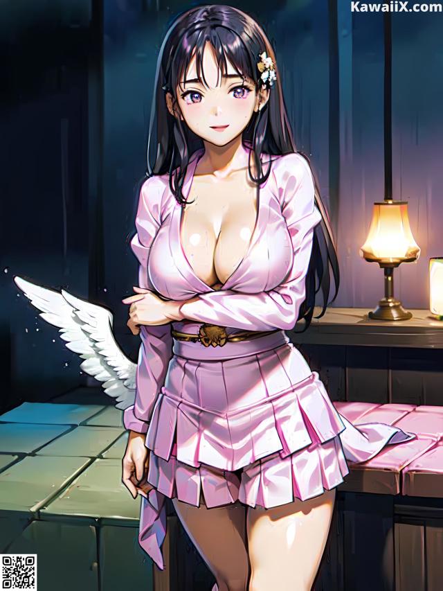 A woman in a pink dress with angel wings standing in a room.