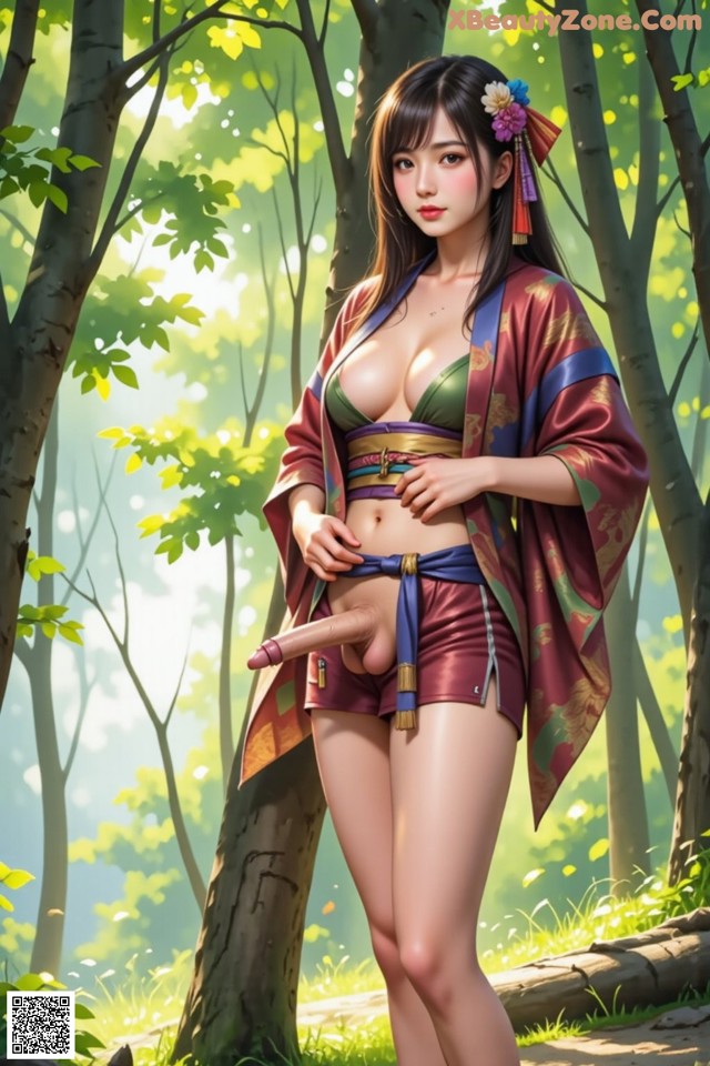 A woman in a kimono is standing in the woods.