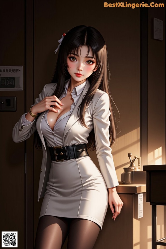 A woman in a white dress and a white blazer posing for a picture.