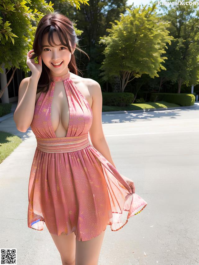 A woman in a pink dress posing for a picture.