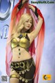 A woman in a costume is posing for a picture.